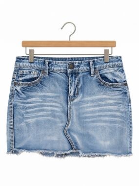 Maurices Girls 5/6 Reg Blue Denim Mini Skirt Frayed Hem Stretch Y2K